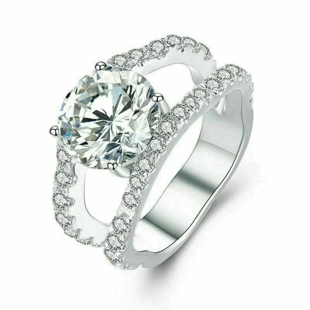 😍Lovely Unique Flower Shape CZ Double Layer Silver Romantic Women Rings, K928